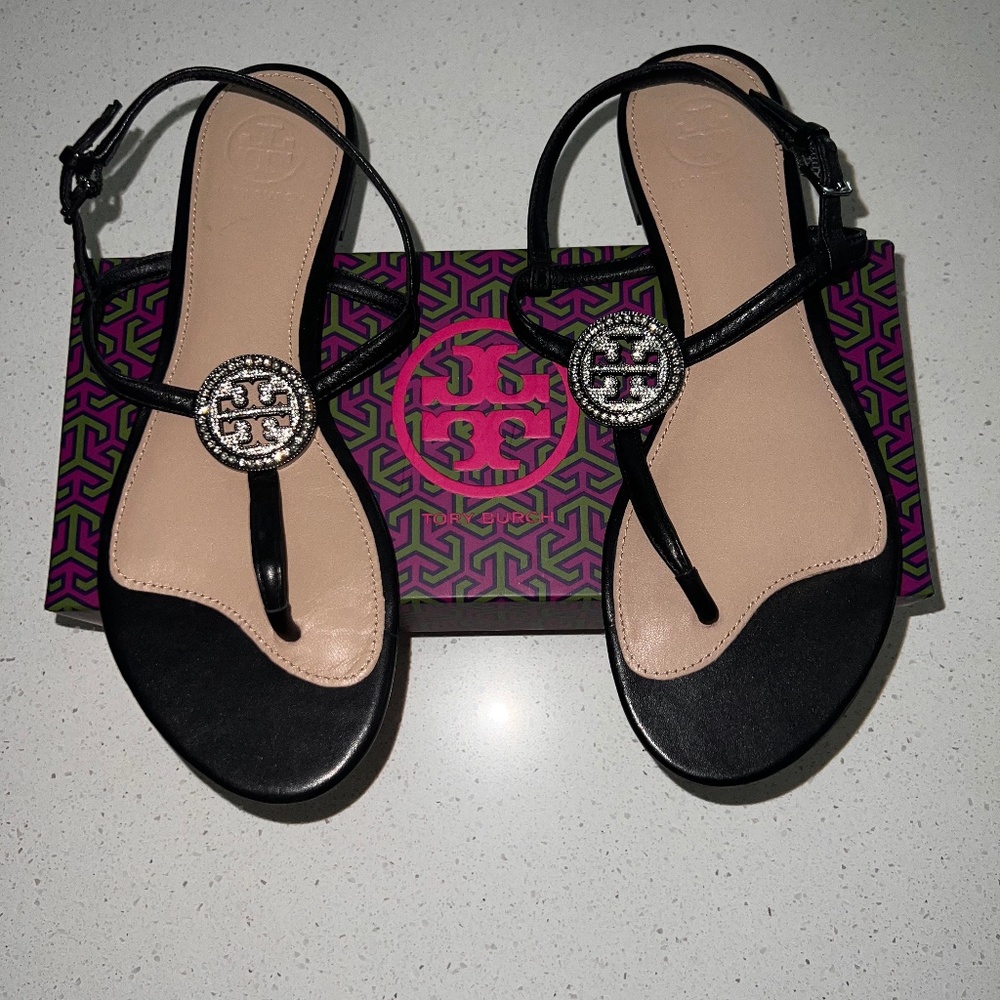 Tory Burch Violet Metallic Crystal-Logo Thong Sandal 6, Black